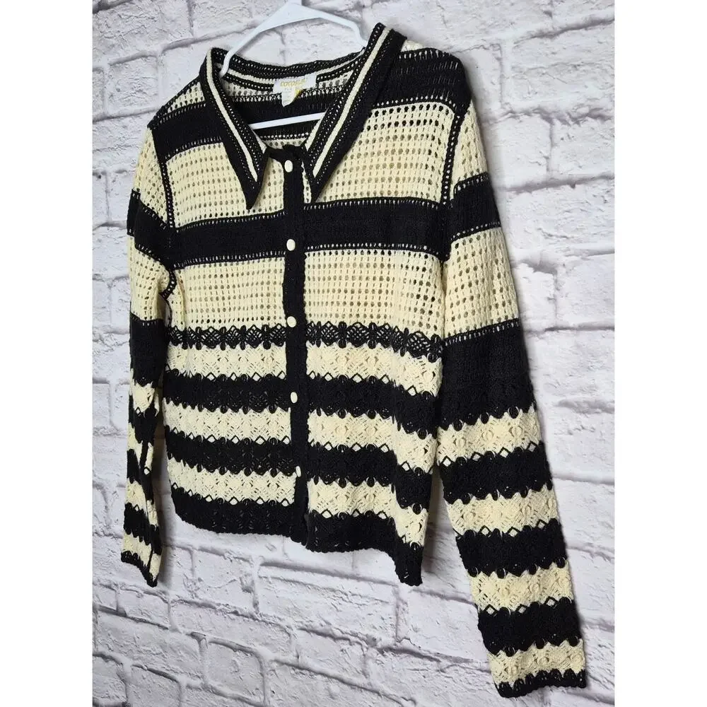 COCOBLEU NY Crochet Knit Cardigan Sweater Medium Black White Striped Boho Button